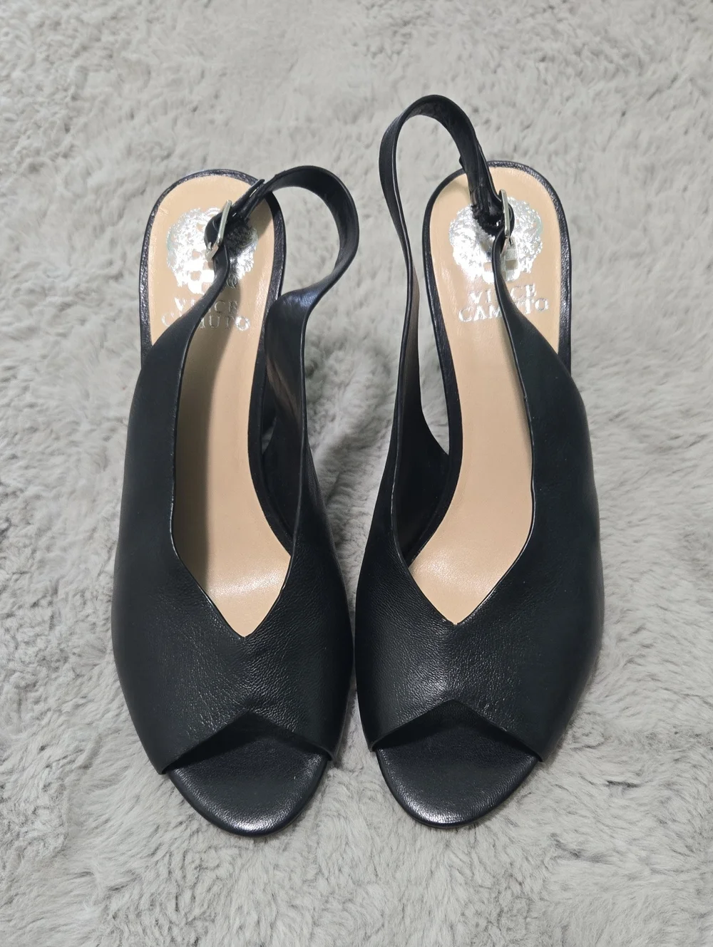 Vince Camuto black genuine leather peep-toe slingback block heels size 9.5